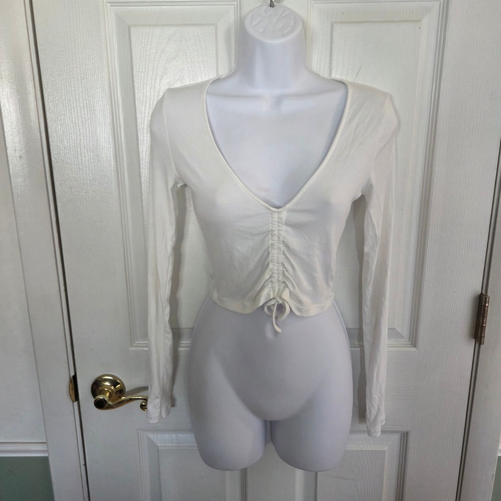 Sunday Best Aritzia‎ White Ribbed Ruched Front Crop Top Long Sleeve Sm Coquette